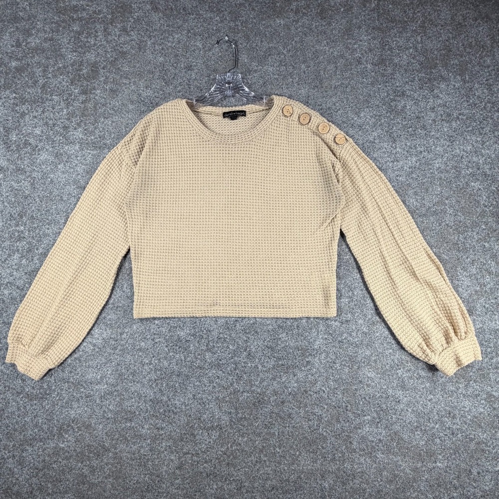 Derek Heart Crop Sweater Womens Large Waffle Knitted Long Sleeve Button Shoulder